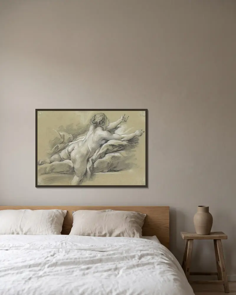 Naken kvinna som sträcker sig åt höger av François Boucher inramad på en vägg