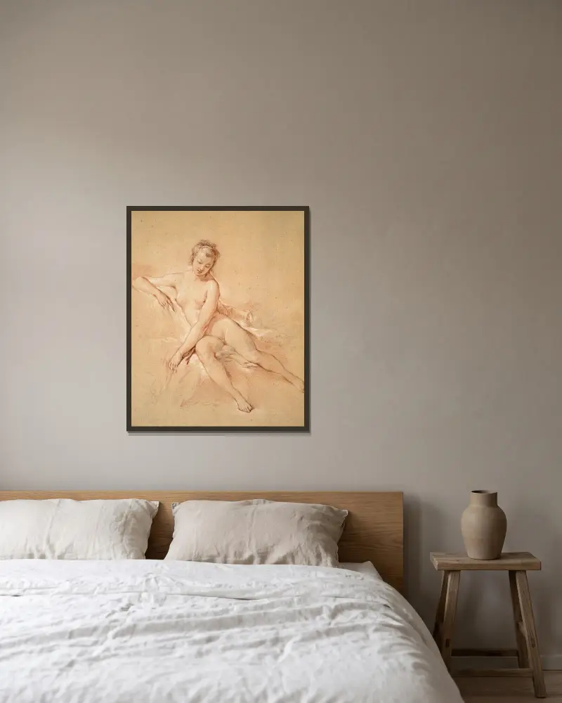 Sittande kvinnlig nakenmodell av François Boucher inramad på en vägg