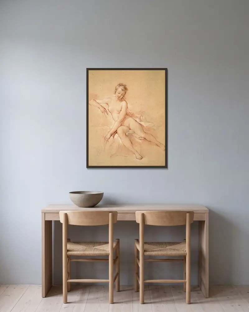 Sittande kvinnlig nakenmodell av François Boucher inramad på en vägg
