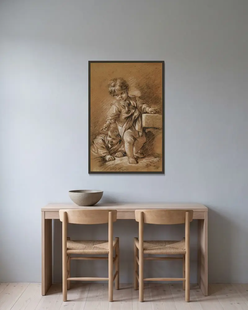 En stående pojke, med en liggande pojke bakom sig av François Boucher inramad på en vägg