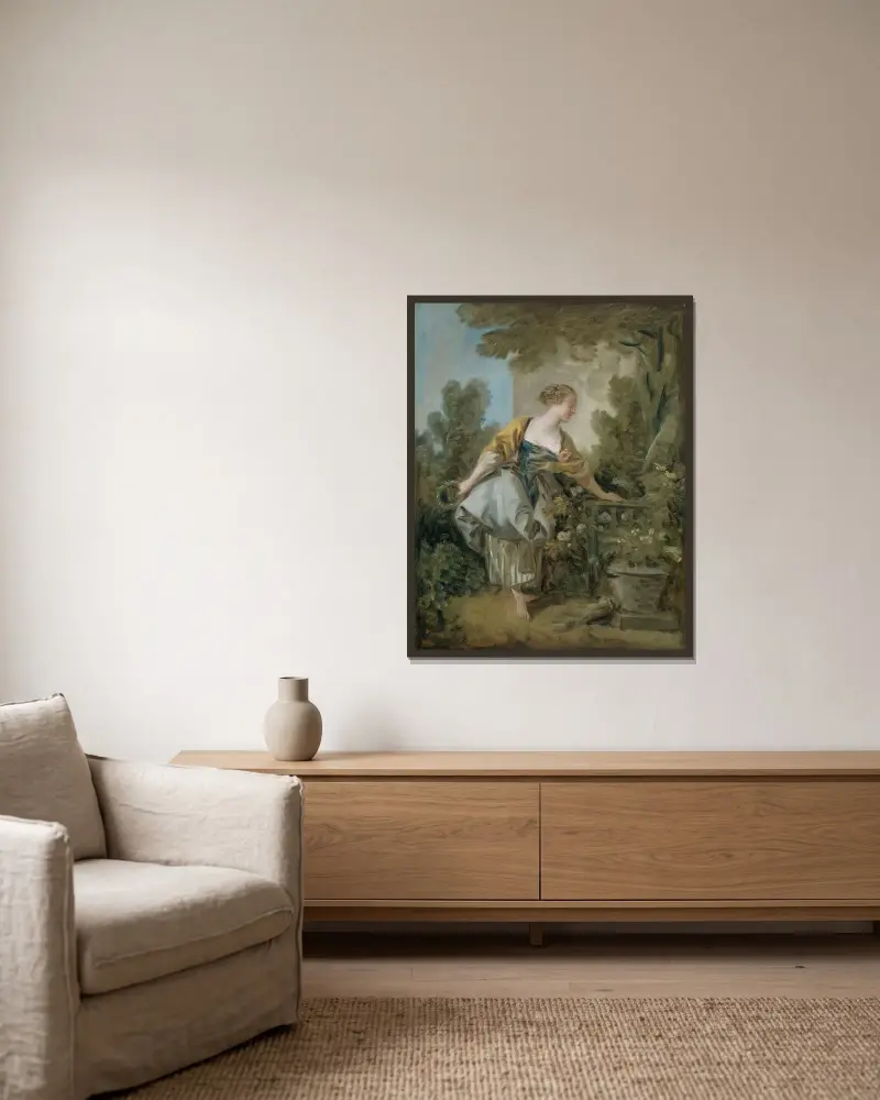 En ung flicka i en park av François Boucher inramad på en vägg