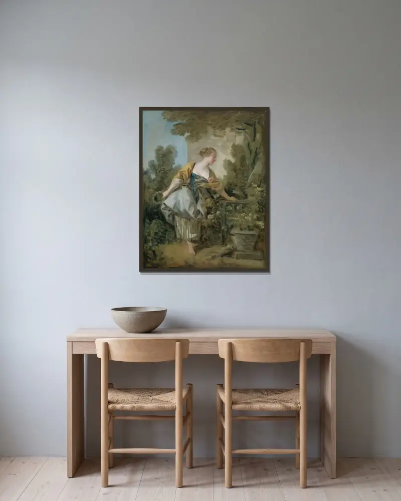 En ung flicka i en park av François Boucher inramad på en vägg