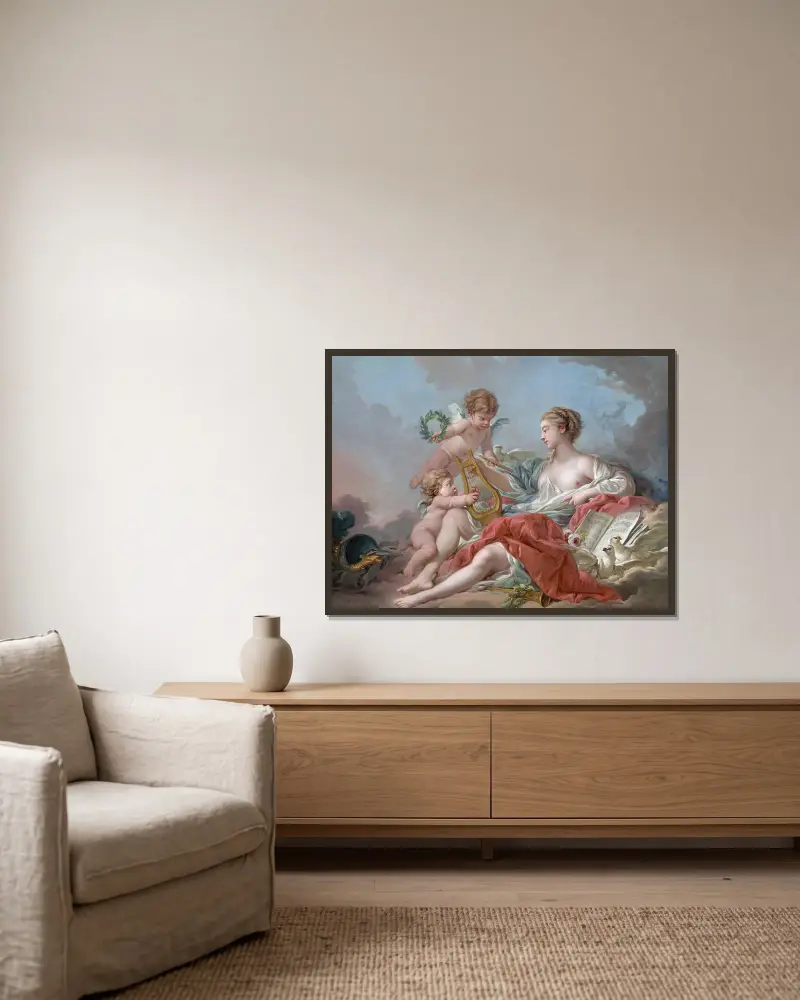 Allegory of Music av François Boucher inramad på en vägg