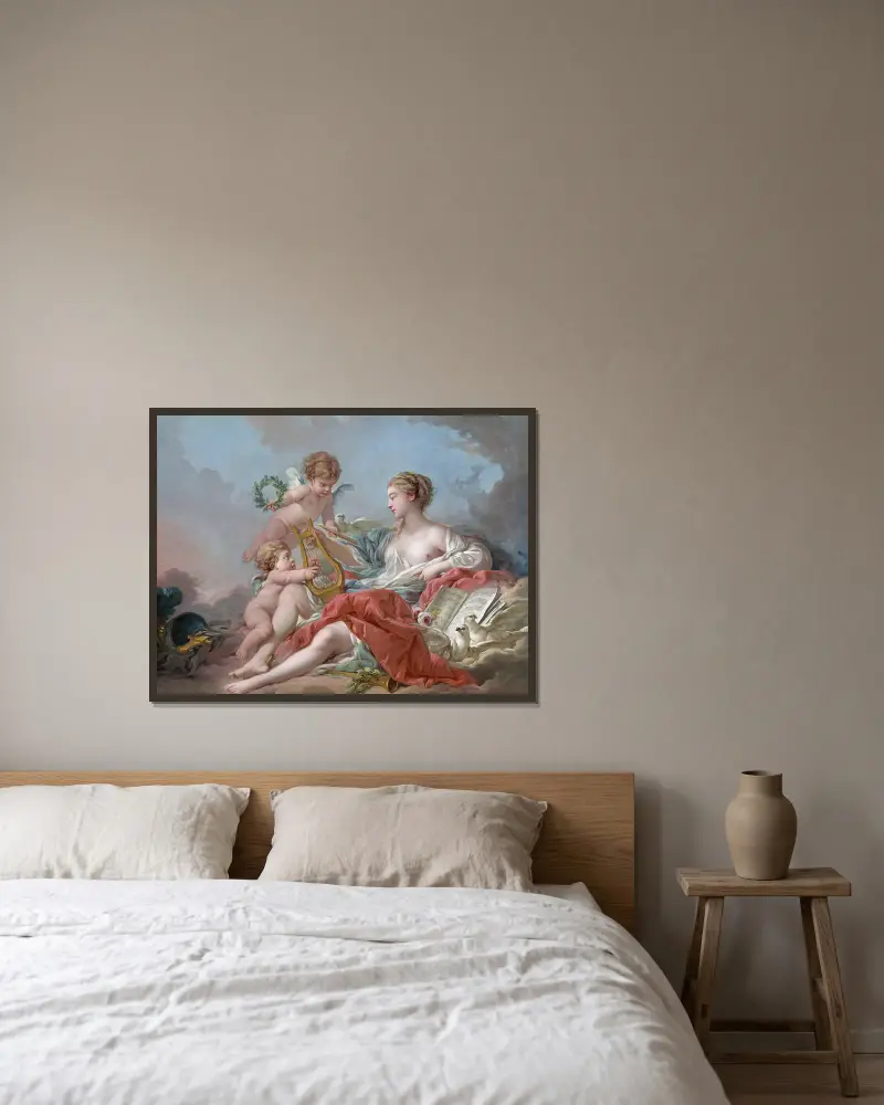 Allegory of Music av François Boucher inramad på en vägg