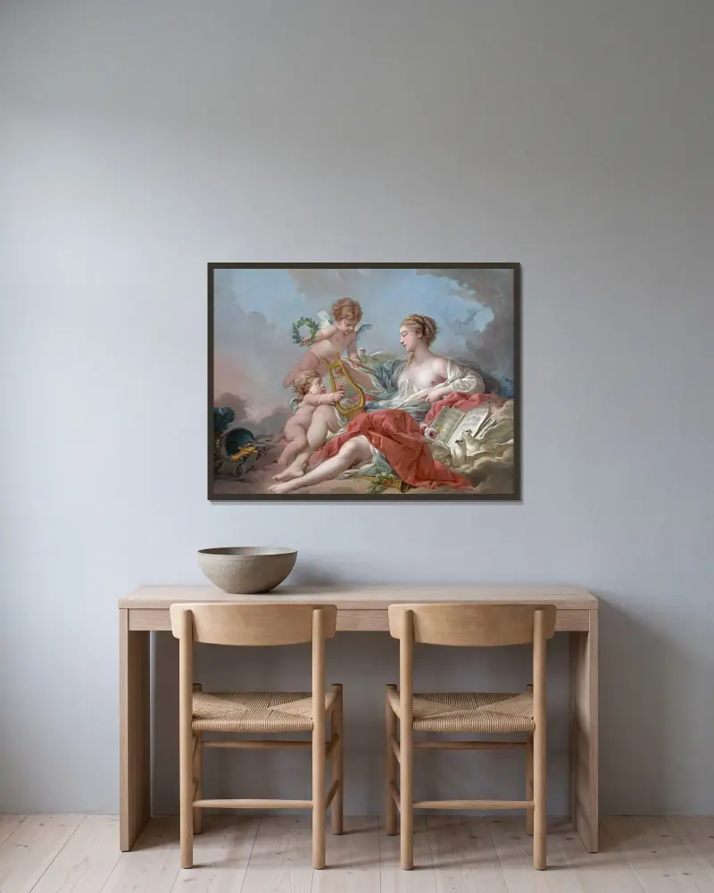 Allegory of Music av François Boucher inramad på en vägg