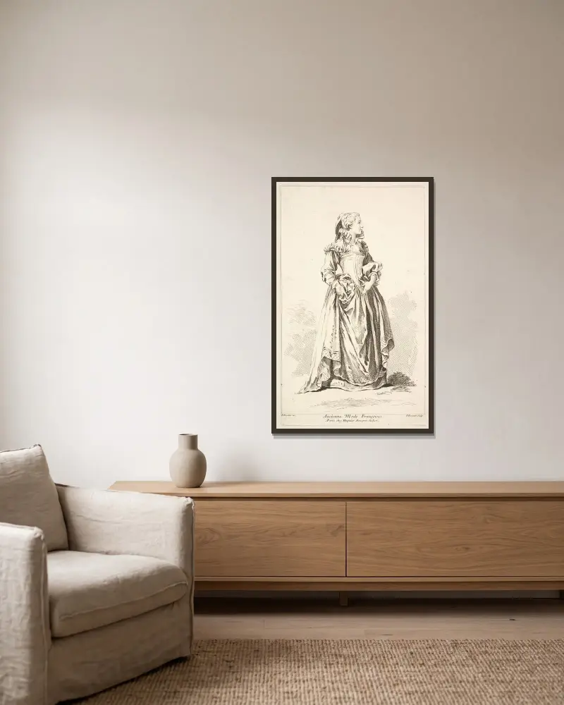 Französische Tracht im älteren Stil, Blatt 4 von François Boucher gerahmt an einer Wand