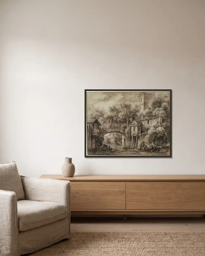Arkitekturcapriccio med kvarnen i Quiquengrogne vid Charenton av François Boucher inramad på en vägg