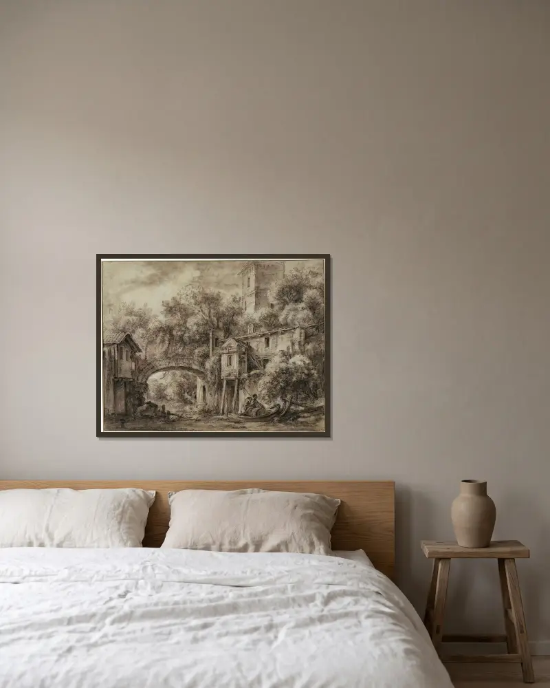 Arkitekturcapriccio med kvarnen i Quiquengrogne vid Charenton av François Boucher inramad på en vägg