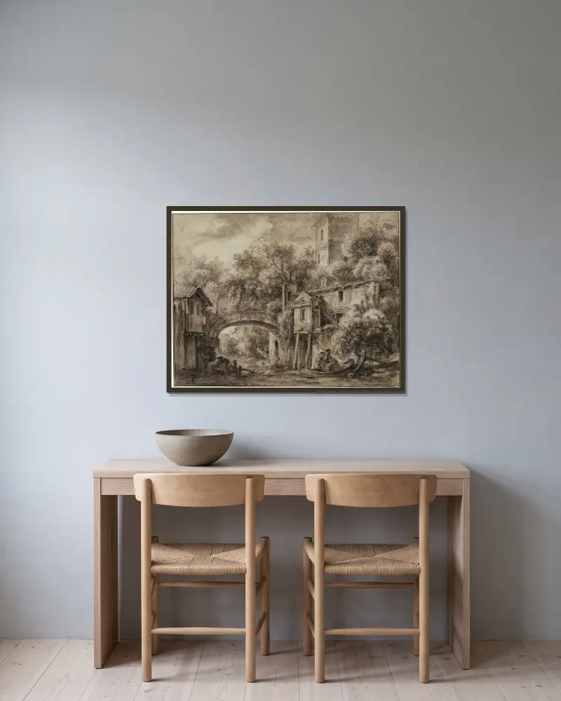 Arkitekturcapriccio med kvarnen i Quiquengrogne vid Charenton av François Boucher inramad på en vägg
