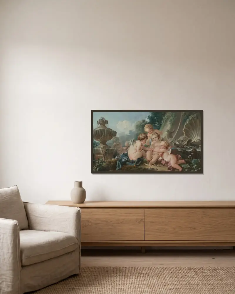 Amors i konspiration av François Boucher inramad på en vägg