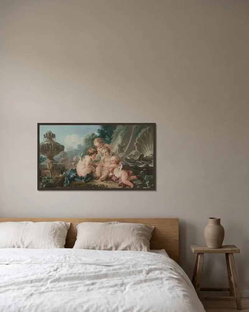 Amors i konspiration av François Boucher inramad på en vägg