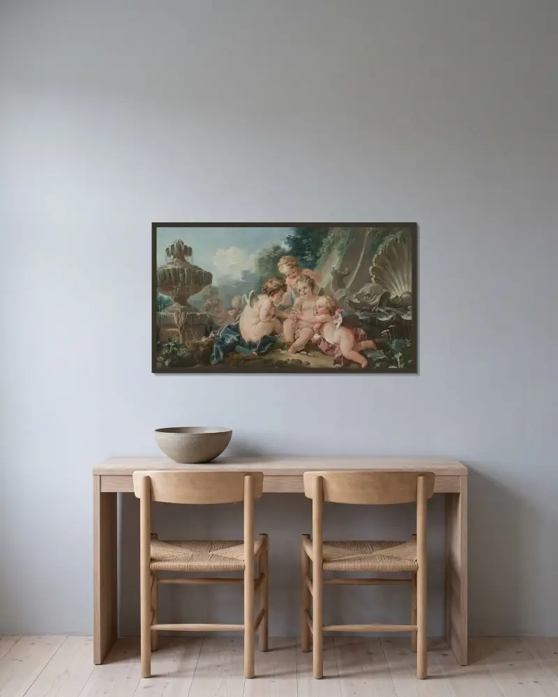 Amors i konspiration av François Boucher inramad på en vägg