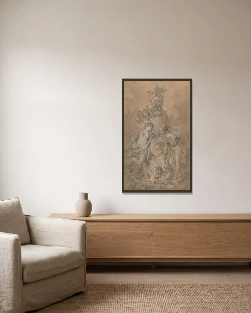 Utkast till gravmonument av François Boucher inramad på en vägg