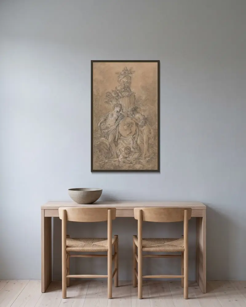 Utkast till gravmonument av François Boucher inramad på en vägg
