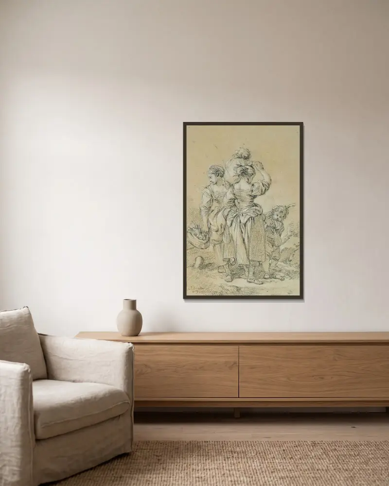 Två kvinnor och två barn av François Boucher inramad på en vägg