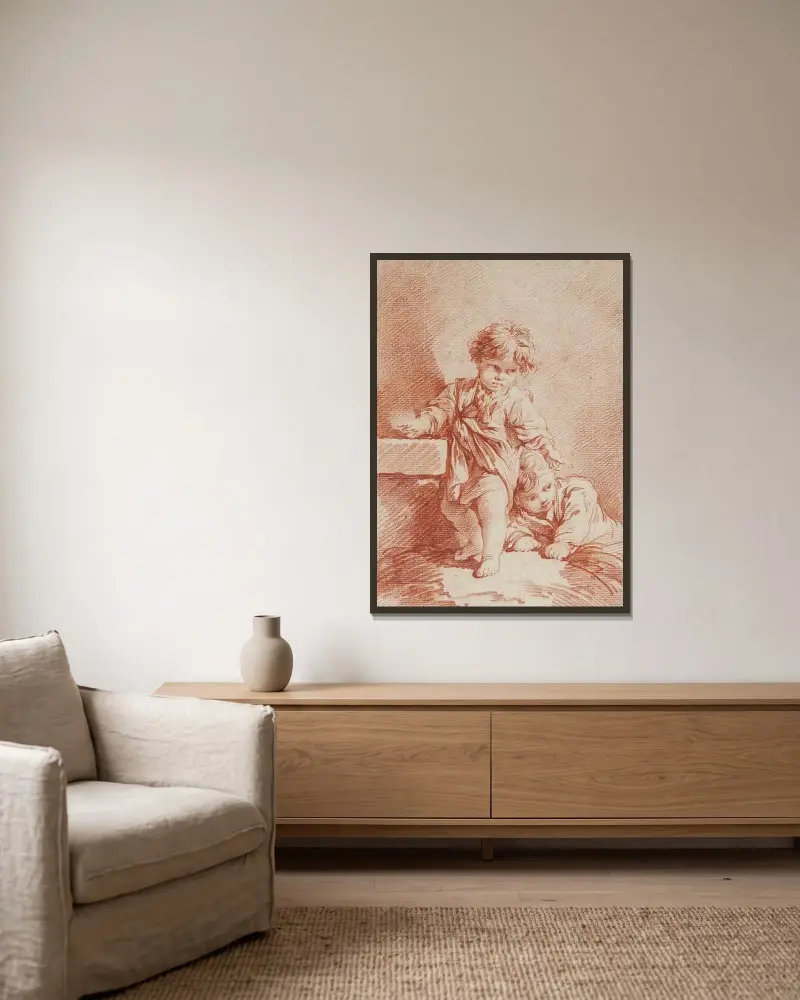 Två unga pojkar, varav en liggande av François Boucher inramad på en vägg