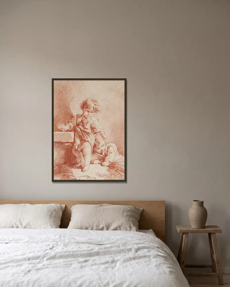 Två unga pojkar, varav en liggande av François Boucher inramad på en vägg