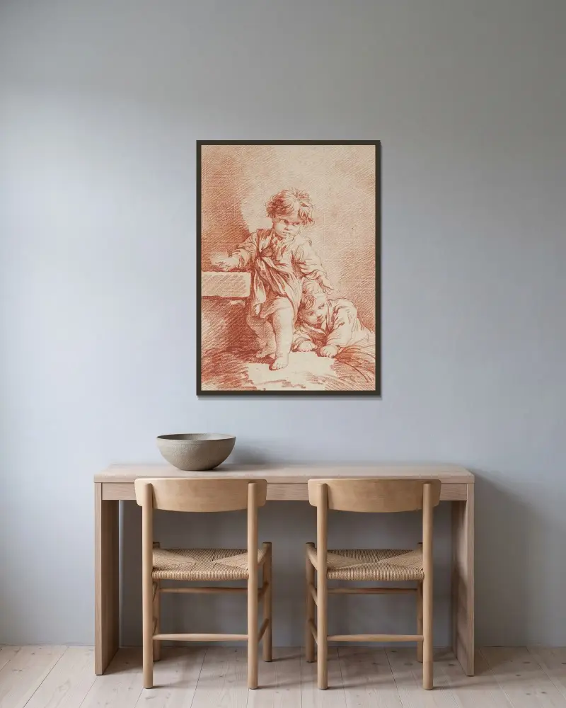 Två unga pojkar, varav en liggande av François Boucher inramad på en vägg