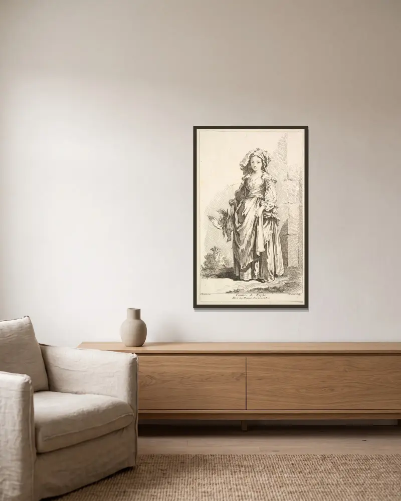 Kvinna från Neapel, platta 2 av François Boucher inramad på en vägg