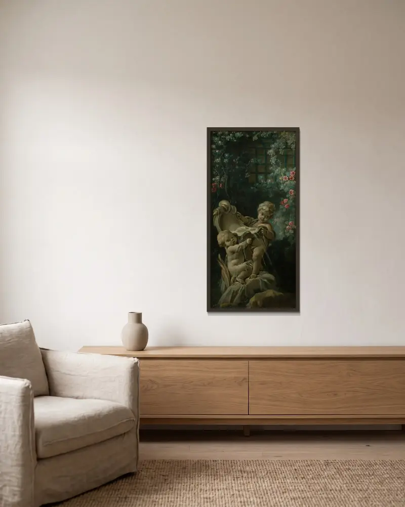 Fontän med två amoriner, en knästående av François Boucher inramad på en vägg