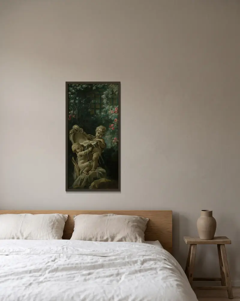 Fontän med två amoriner, en knästående av François Boucher inramad på en vägg