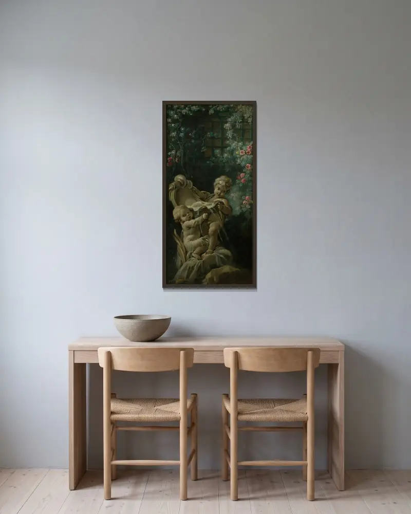 Fontän med två amoriner, en knästående av François Boucher inramad på en vägg