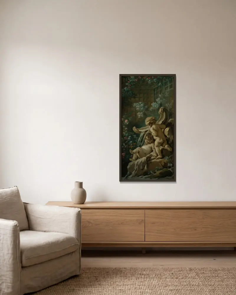 Fontän med två amoriner, varav en liggande av François Boucher inramad på en vägg