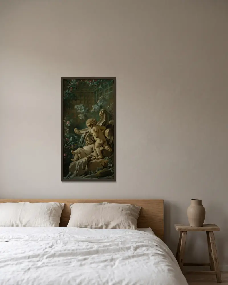 Fontän med två amoriner, varav en liggande av François Boucher inramad på en vägg