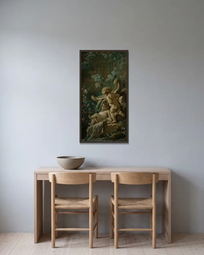 Fontän med två amoriner, varav en liggande av François Boucher inramad på en vägg