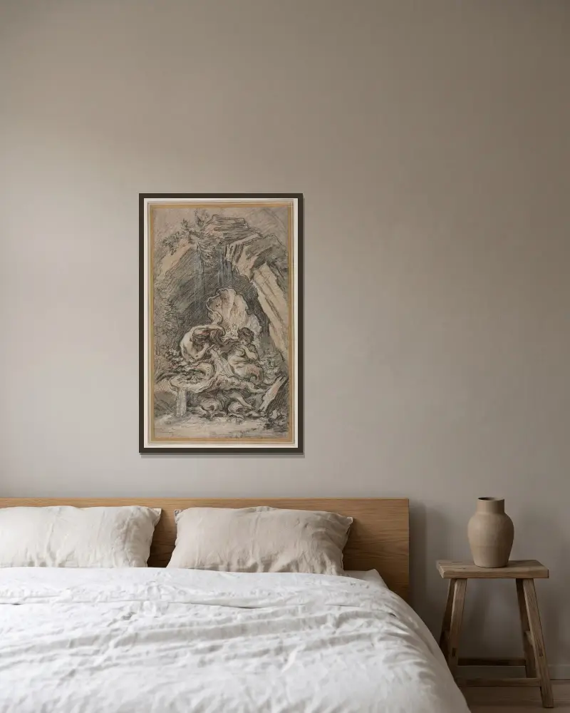 Fontän med två tritoner som blåser i snäckskal av François Boucher inramad på en vägg
