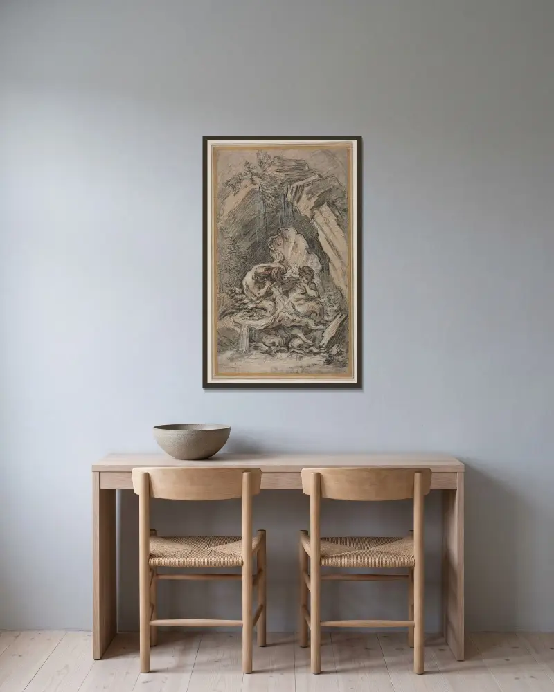 Fontän med två tritoner som blåser i snäckskal av François Boucher inramad på en vägg