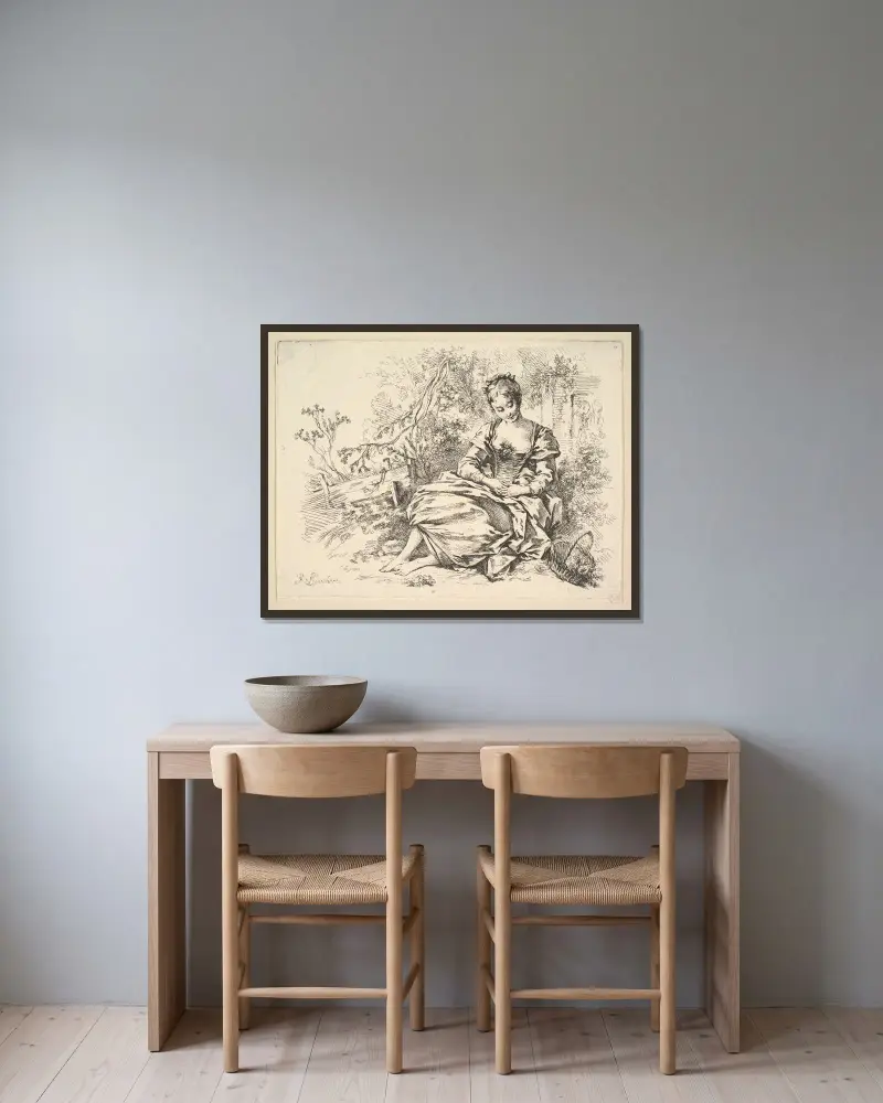 Flicka i landskap med blomsterkorg av François Boucher inramad på en vägg