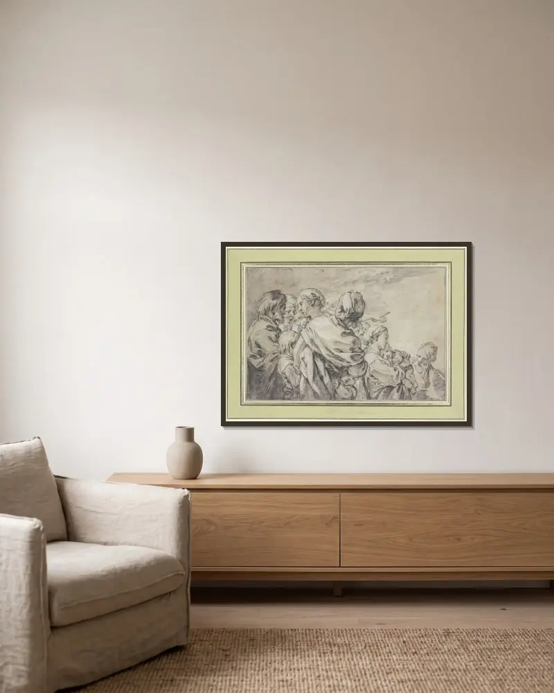 Halvfigursgrupp med män och kvinnor med barn av François Boucher inramad på en vägg