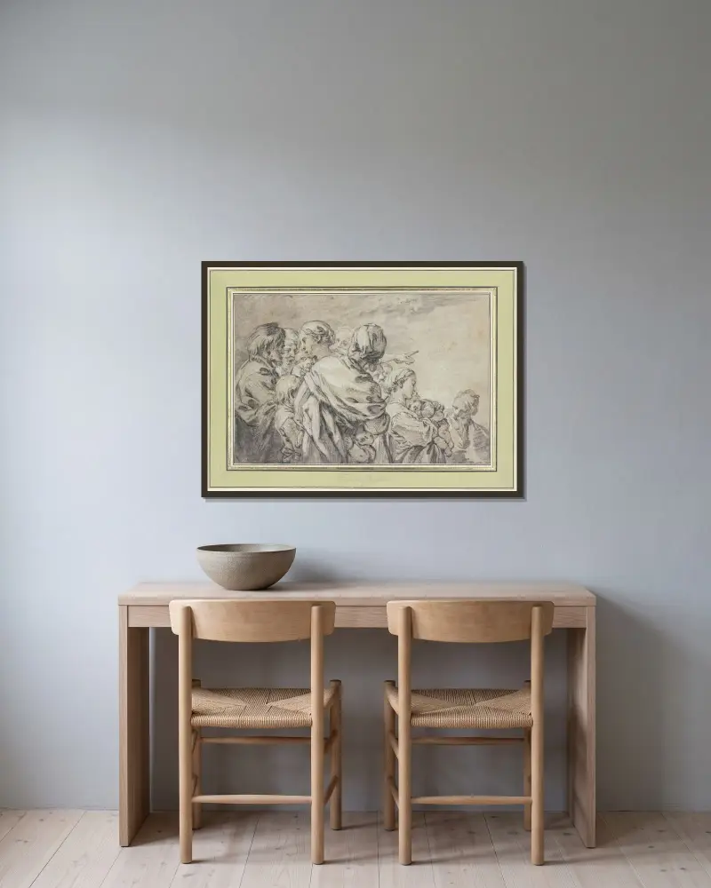 Halvfigursgrupp med män och kvinnor med barn av François Boucher inramad på en vägg