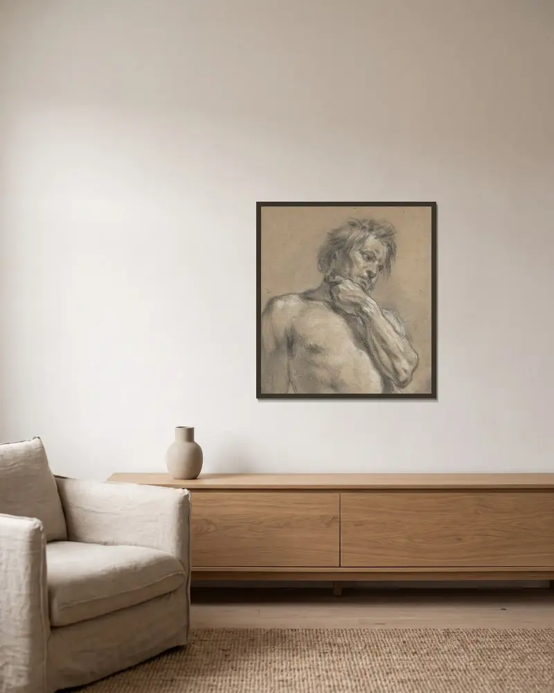 Halvfigurstudie av en man av François Boucher inramad på en vägg