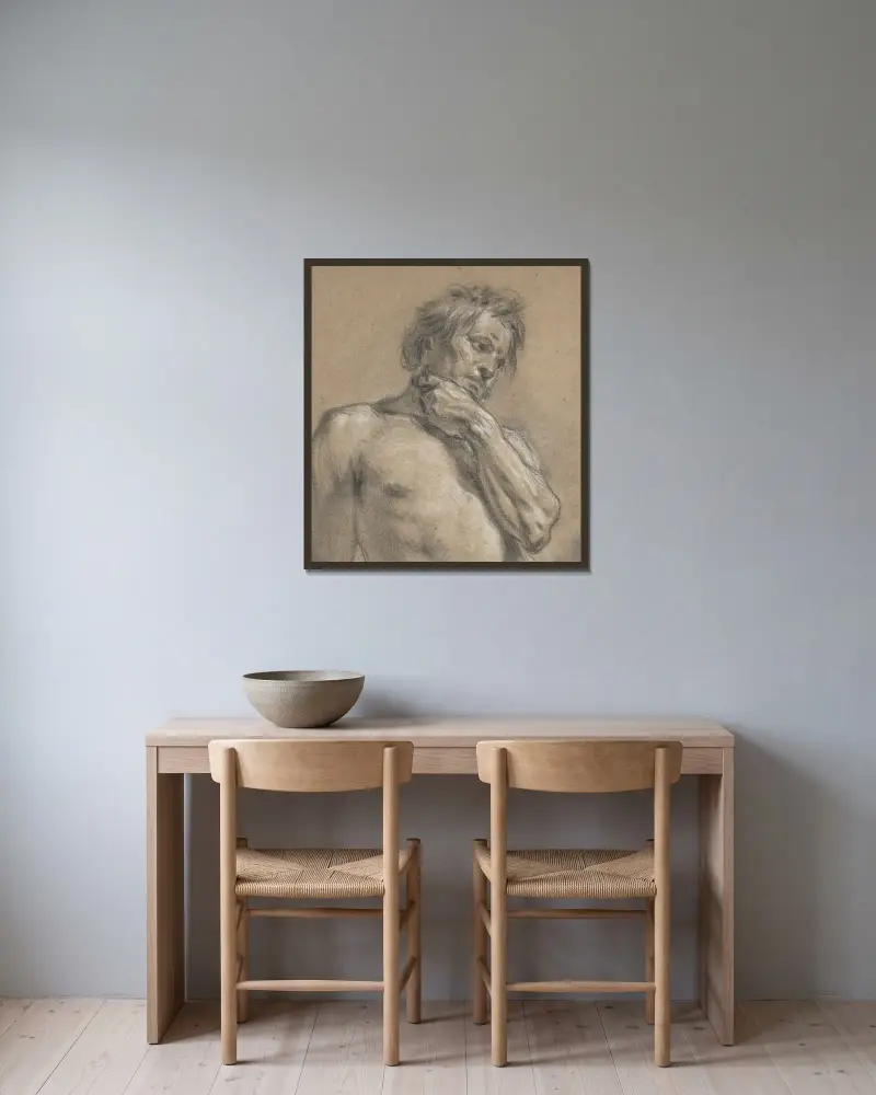 Halvfigurstudie av en man av François Boucher inramad på en vägg
