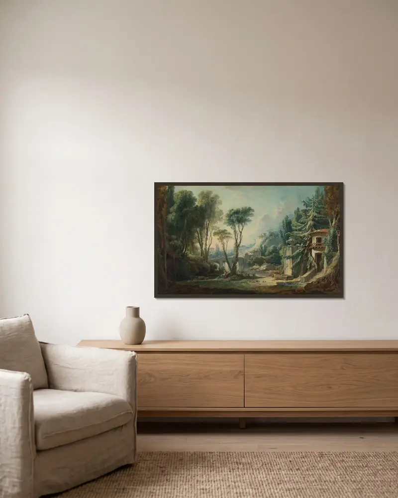 Herdelandskap med flod av François Boucher inramad på en vägg