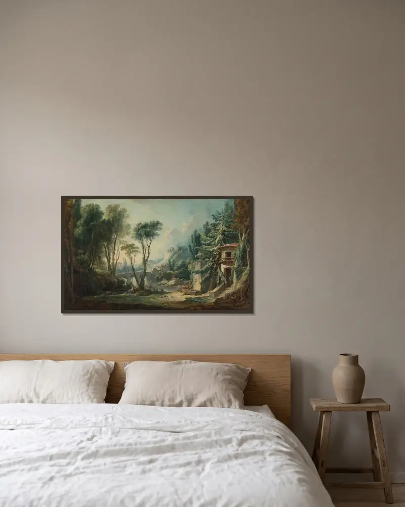 Herdelandskap med flod av François Boucher inramad på en vägg