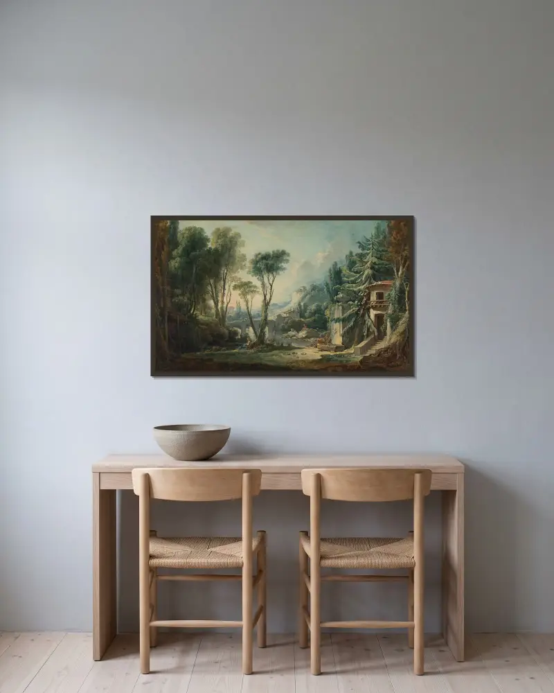 Herdelandskap med flod av François Boucher inramad på en vägg
