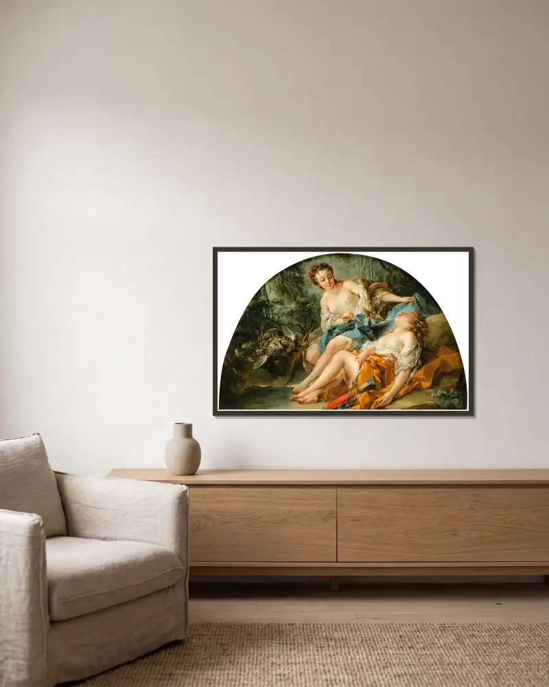 Jagande nymfer av François Boucher inramad på en vägg