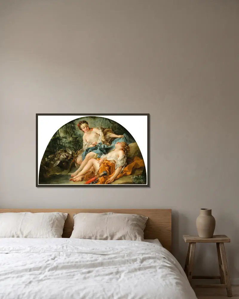 Jagande nymfer av François Boucher inramad på en vägg