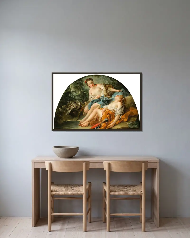 Jagande nymfer av François Boucher inramad på en vägg