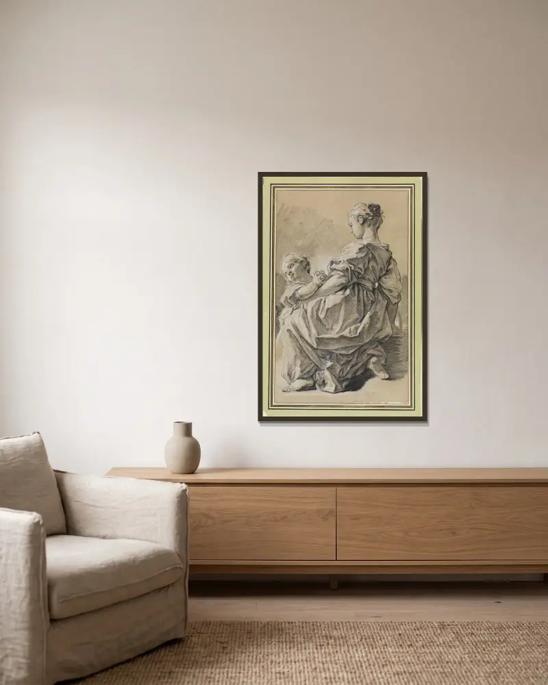 Knästående ung kvinna med barn av François Boucher inramad på en vägg