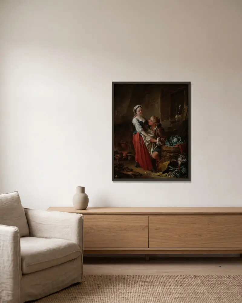 Den vackra kokerskan av François Boucher inramad på en vägg