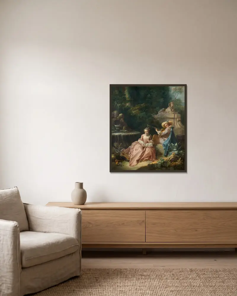 Musiklektionen av François Boucher inramad på en vägg