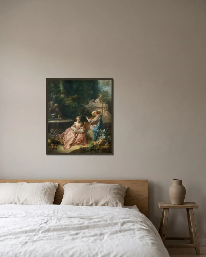 Musiklektionen av François Boucher inramad på en vägg