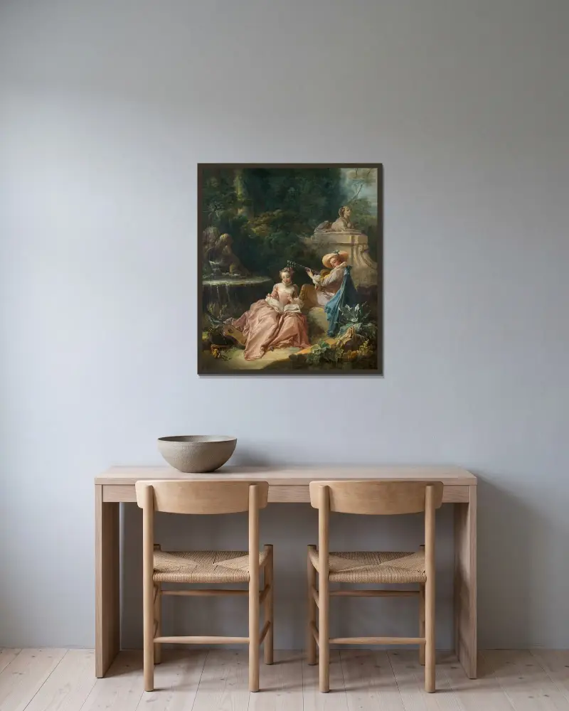 Musiklektionen av François Boucher inramad på en vägg