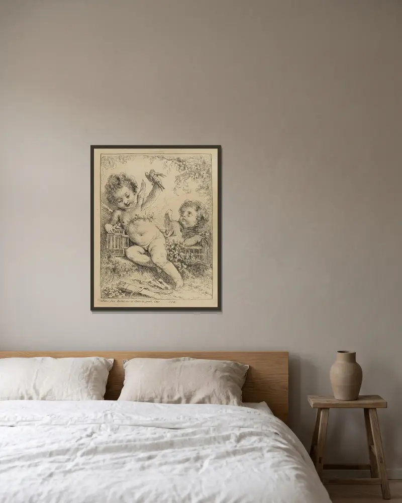 Turturduvan i bur av François Boucher inramad på en vägg