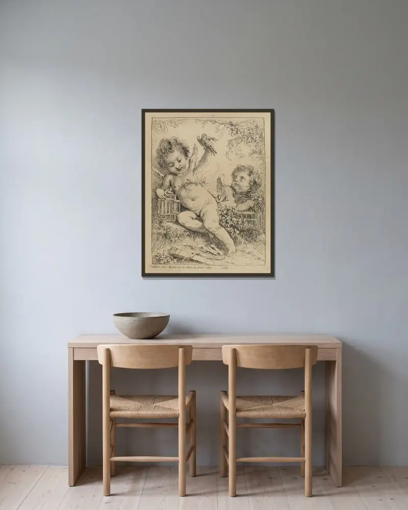 Turturduvan i bur av François Boucher inramad på en vägg