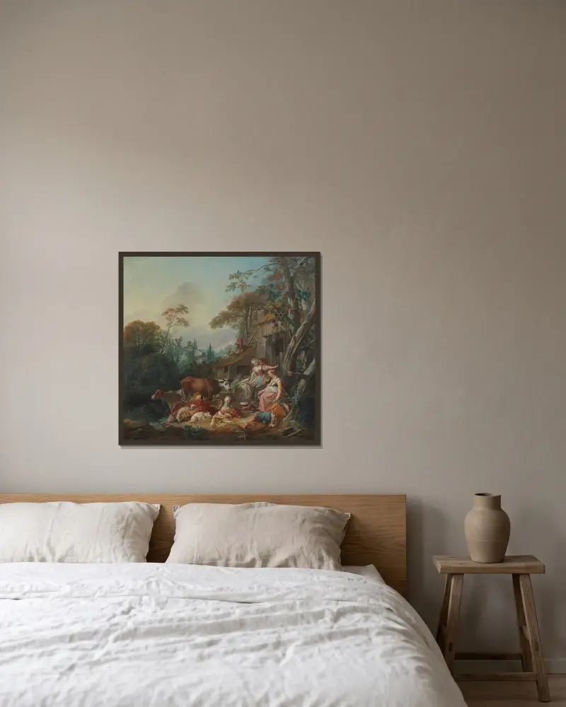 Lantlig idyll av François Boucher inramad på en vägg